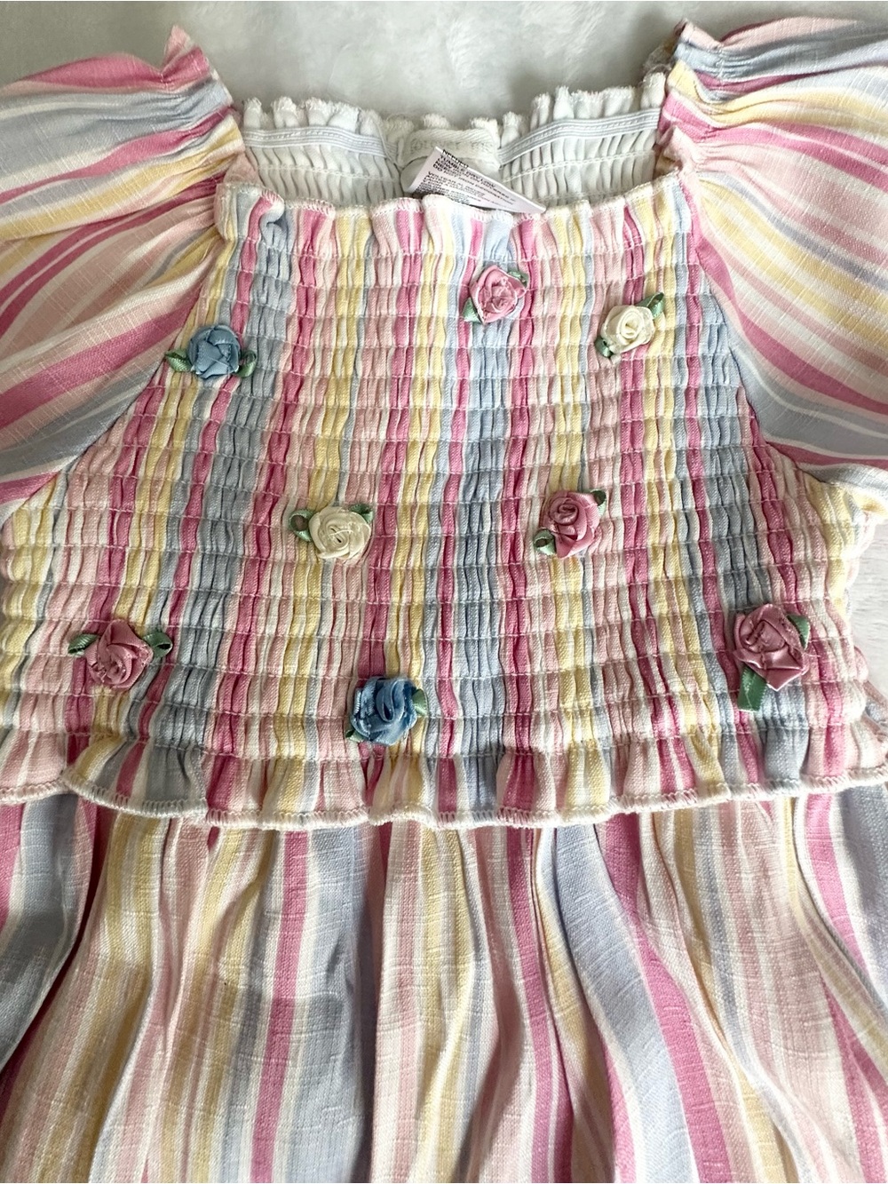Smocked Pastel Stripe Girls' Dress with Rose Appliqués - Pink, Blue & Yellow